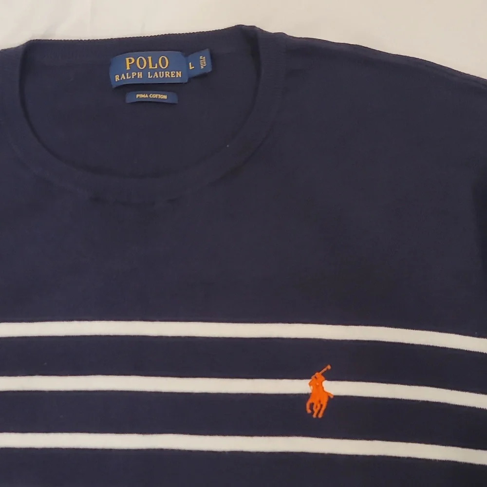 Polo Ralph Lauren Navy Orange Logo Striped Cotton Knit Sweater Men’s Large L - Picture 3 of 7